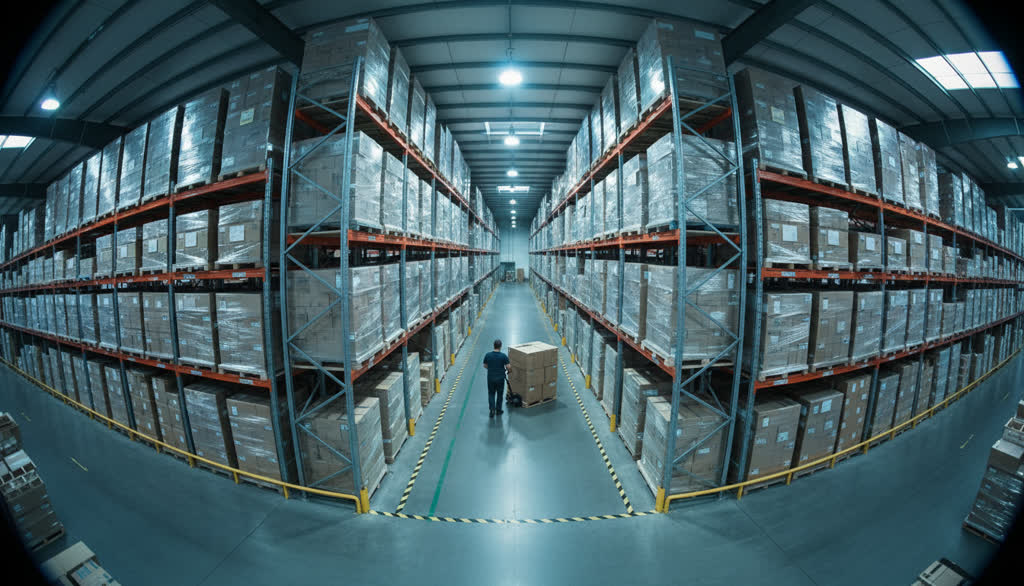 Warehouse aisle seen from a fixed corner camera: a worker pulls a hand pallet jack
                along a green pedestrian lane between pallet racking.